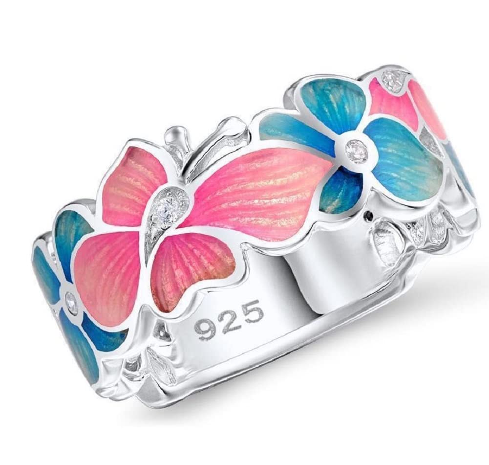 Photo 1 of ASFKIPMF Fashion Flower Butterfly Statement Band Ring,Dainty Colorful Floral Enamel Band Ring Jewelry Colorful Flower Leaf Butterfly Enamel Statement Band Ring for Women Girls US Code 6