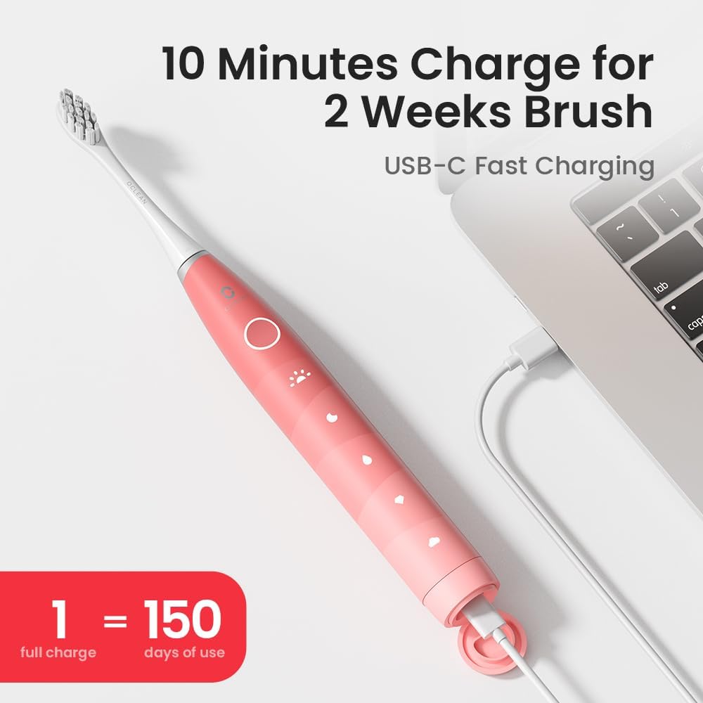 Oclean Brosse à dents électrique pour adultes, brosse à dents Sonic Soft Gum Care avec 6 têtes de brosse et étui de transport, autonomie de 240 jours, rechargeable par USB C, rose
