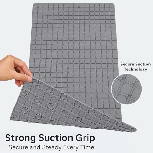 Image of HOMEZE Anti-Slip Bathroom Floor Mat for Elderly & Kids - Elevate Your Bathing Experience - 82 x 42 cm Anti-Skid Safety Shower Mat with Heavy-Duty Suction Grips, Checker Texture & Drain Holes - Grey