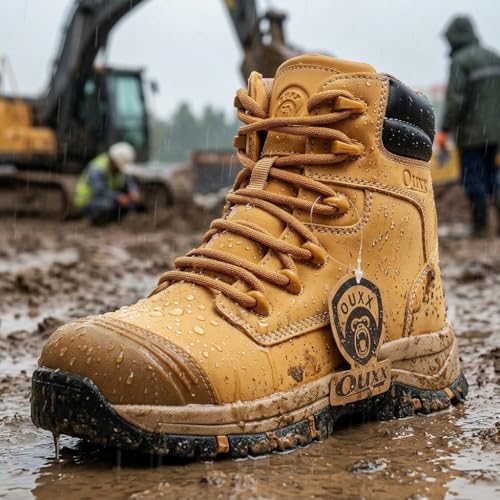 Image of Waterproof Steel Toe Work Boots for Men, 7 inch Safety Boots with Side Zipper, ASTM F2413-18 Rated, Slip Resistant Rubber Sole, Puncture-Proof Kevlar Midsole Construction Boots (OX2721)