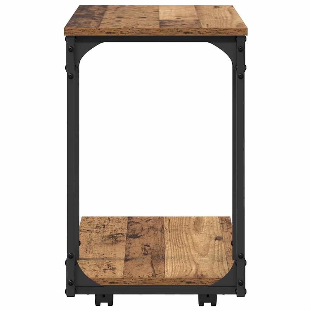 Stolik pomocniczy z regałem ze starego drewna i metalową ramą, 50 x 35 x 55,5 cm, na kółkach, do salonu, sypialni, korytarza, obok sofy i fotela, jako miejsce do odkładania napojów, lampy