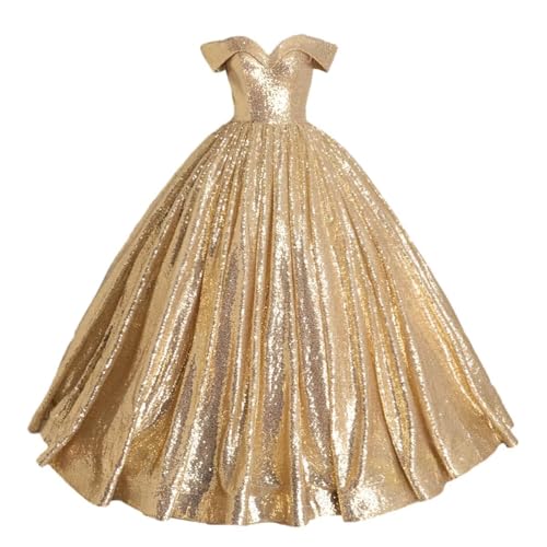 WDBFY Off Shoulder Sequin Quinceanera Dresses Sparkly Beaded Princess Ball Gowns Long Puffy Prom Dresses for Sweet 15 16