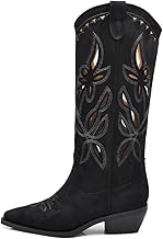 IF Women's Western Texan High Boots in Vegan Synthetic Leather, Perforated Design, Medium Heel and Tapered Toe