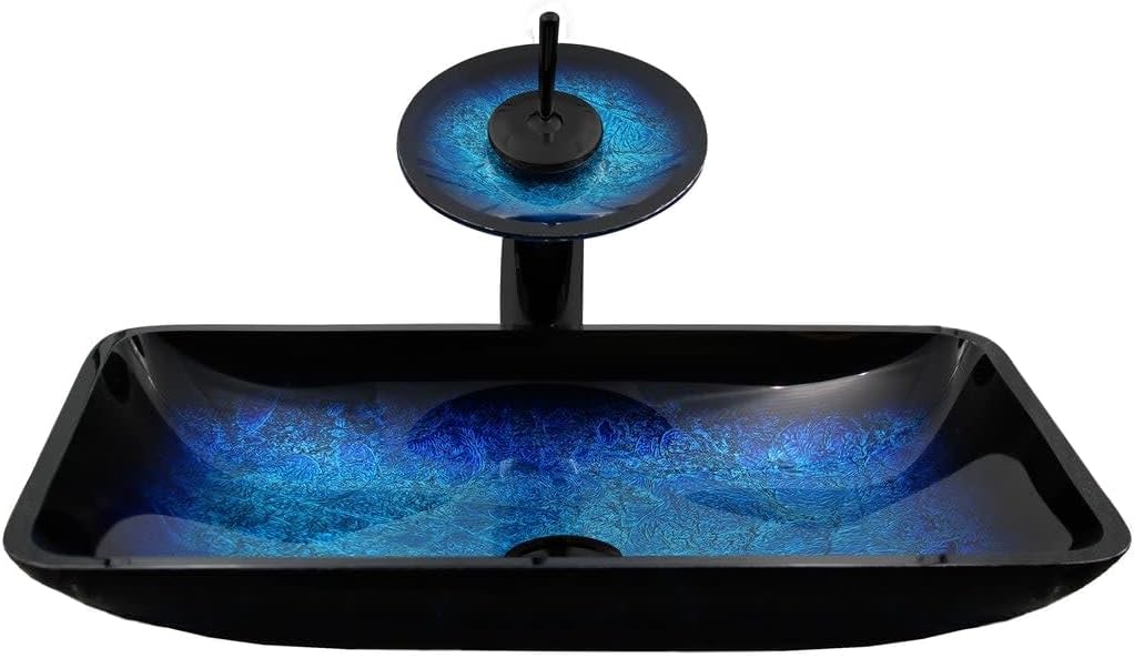 Miseno MVS-NSFC-G1903417003 Fresca 21-3/4" Glass Vessel Bathroom Sink with 2.2 GPM Deck Mounted Bathroom Faucet - Blue/Matte Black Drain