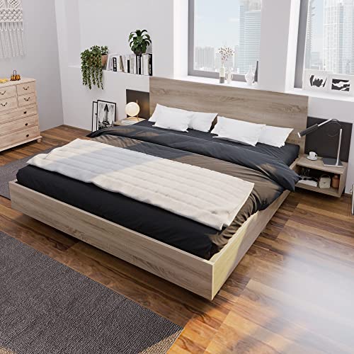 Yihomfy Cadre de Lit 160 x 190 avec Sommier, Lit 2 Personnes avec 2 Tables de Chevet intégrées suspendues, Structure Durable, Facile à Assembler, Idéal...