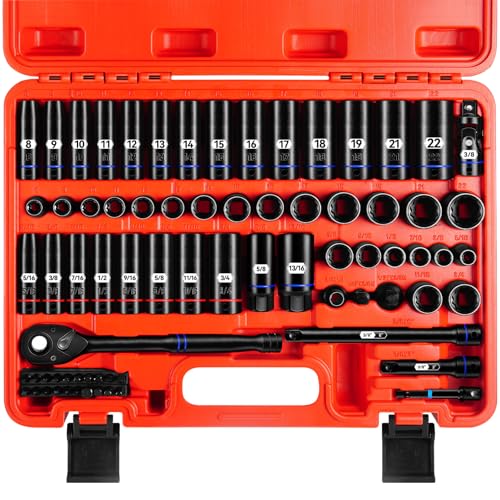 ZHAX 3/8 Inch Drive 12 Point Impact Socket Set 74 PCS Standard SAE(5/16- 3/4) & Metric(8-22mm) With Color Ring Deep & Shallow 72T Wrench Ratchet Tool Kit Cr-V With Heavy Duty Storage Case