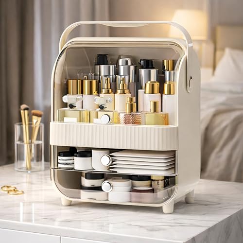 Image of JIALTO Large Cosmetic Organizer Box with Handle - Dustproof Makeup Storage Cabinet with Drawer, Skincare & Perfume Organizer for Vanity, Dressing Table & Bathroom Countertop (37x29.5x20 cm, Cream)