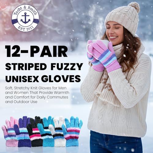 Image of Yacht & Smith 12 Pairs of Winter Gloves Mens Womens and Kids - Thermal Knit Stretchy Fuzzy Bulk Glove Colors