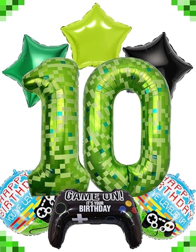 8Pcs Video Game Green Pixel Miner Themed Party Decorations, 40 Inch Large MIning Number 10 Balloons Birthday Party Decorations for Kids' 10th Birthday Anniversary Party