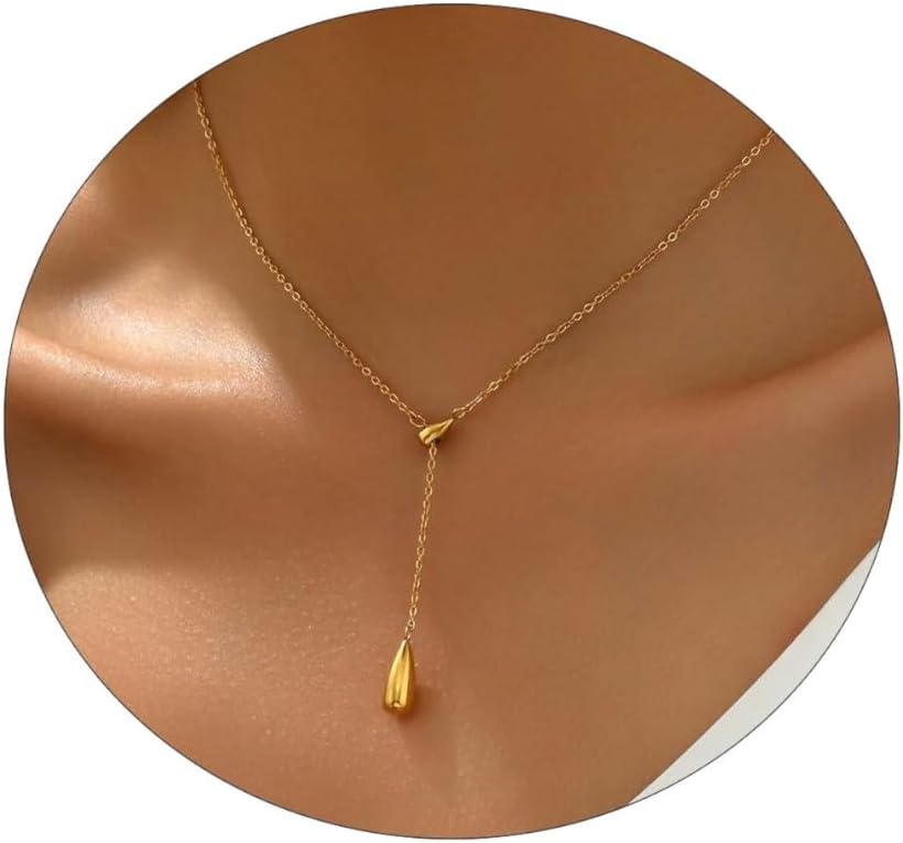 Y-Shaped Necklace for Women,18K Gold Plated Minimalist Lariat Chain with CZ Flower ...