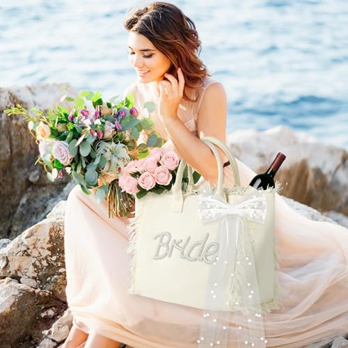 Bolso tote de lienzo para novia grande con lazo y flecos blancos miniatura 3