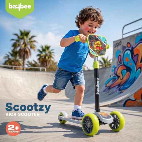 Image of Baybee Trickster Baby Kick Scooter for Kids | Foldable 3 Wheel Kids Scooter with 4 Height Adjustable & Foot Brake | Runner Scooters with Magic Board | Skate Scooter for 2+ Years Boy Girl (Grey /Green)
