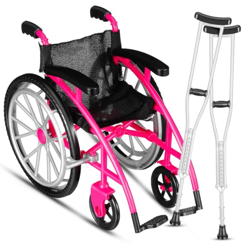 Garneck Miniature Wheelchair and Crutch Set for Dollhouse Decor: Realistic Folding Doll Wheelchair Playset Tiny Furniture Accessory for DIY Landscape Display Collectible Scene Prop