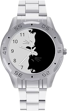 Wristwatch, White, Black, Cat Pattern, Cat, Sleeping Kitten, Watch, Smart Watch, Lipstick Watch, Minimalist Watch, Analog Watch, Large Dial, Stainless Steel Band, Metal Butterfly Button, Alloy, Mens