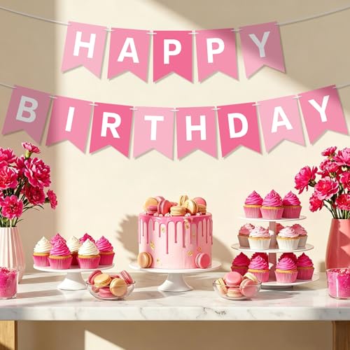 Image of Hooqict Happy Birthday Banner Pink Birthday Decorations for Girls Women Baby 1st 2nd 3rd 21th 30th Pink Party Banner Garland Sign Party Supplies Wall Porch Door Hanging Decor