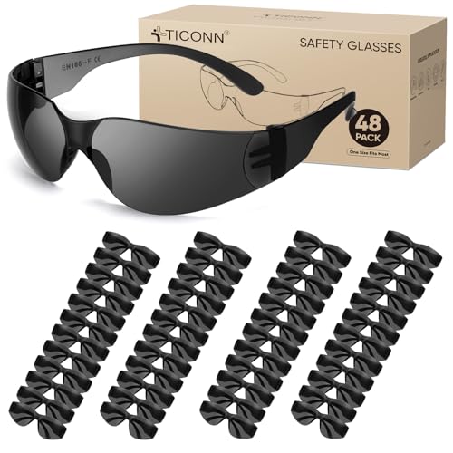 TICONN 48 Safety Glasses for Men and Women, Safety Goggles with Scratch Impact Resistant Meets ANSI Z87.1 Standard (Charcoal, 48 Pack) by TICONN - Used condition - US$37.19