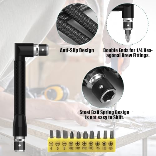 Xiqiggi 14 Stück Winkelschrauber aufsatz set, Winkelaufsatz für Akkuschrauber 105°, Winkelbohrmaschine, 1/4-Zoll Sechskantschaft, Flexibler Bithalter, Winkelbohraufsatz Winkelaufsatz Akkuschrauber