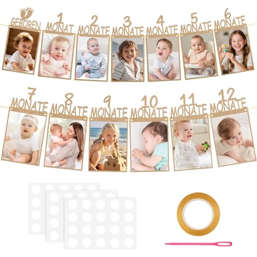 KELAV Fotogirlande Geburtstagsdeko,1 Jahr Girlande für 1 bis 12 Monate Baby,Fotobanner für Geburtstage,Meilenstein Girlande,Mädchen Jungen,Hängende Foto Wanddekoration(Braun)