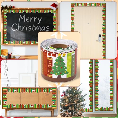 Image of BeYumi Christmas Bookshelf Border Trim - 65ft Christmas Books Rolled Border Trim Xmas Tree Santa's Hat Bookshelf Bulletin Board Set Library Classroom Office Chalkboard Home Door Wall Party Decoration