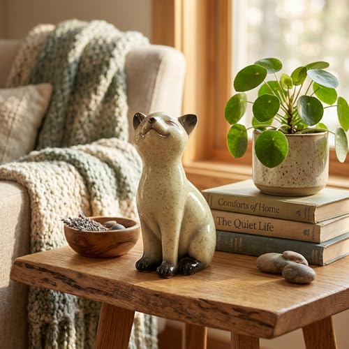 Speckled Resin Cat Figurine, Glossy Sitting Cat Statue, Cream and Black Decorative Cat Sculpture for Bookshelf, Desk, Shelf, Tabletop, Living Room, Office, Bedroom Decor, Gift for Cat Lovers (Cat) - Image 4