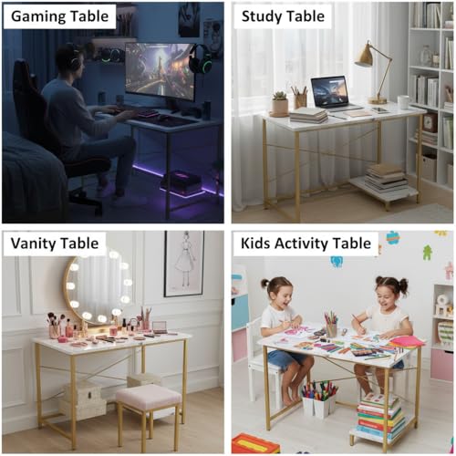 Image of RIZIK Store Folding Study Table | 36 inchx24 inch Computer Desk with Laminated Top & Metal Frame | Home Office, Bedroom, Study & Kids Room Warranty Protected (Plaint White & Gold)