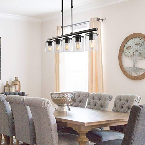 Phosant Lighting Black Farmhouse Chandelier, 5-Light Island Lights For Kitchen In Metal Finish With Clear Glass Shades, 37" Dining Room Chandelier, Linear Pendant Lighting For Foyer, Bar, Pool Table #TOP1