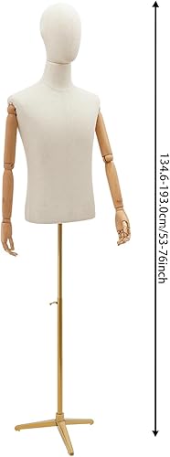 Miniatura 3 de Maniquí masculino Torso Forma de maniquí cuerpo de maniquí con brazos de madera 53-76 pulgadas de altura ajustable con trípode soporte de metal para