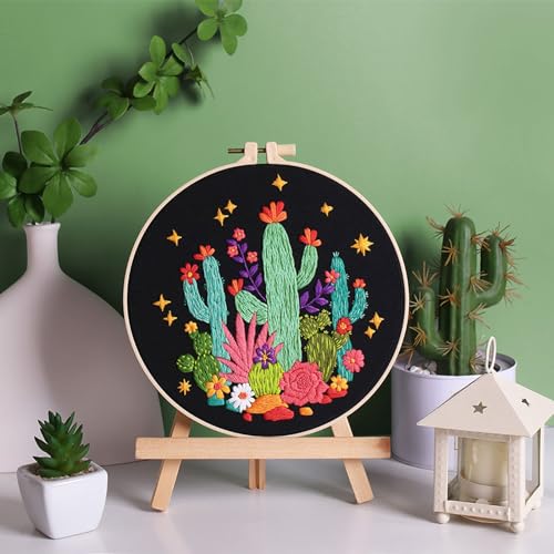 Image of Louise Maelys Cactus Embroidery Kit, Cross Stitch Kit for Beginner Adults | Cactus Embroidery Starter Kit With Stamped Fabric, Hoop, Threads, Needles And Instructions For Adults DIY Cross Stitch Craft