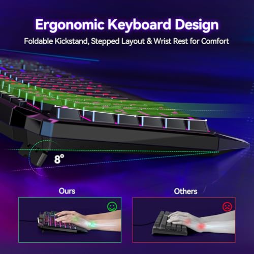 TECKNET Wired RGB Gaming Keyboard - 26-Key Anti-Ghosting, 13 Lighting Modes, Spill-Resistant, 108 Membrane Keys, Plug & Play - with Ergonomic Wrist Rest & Phone Holder for Windows/Mac (Black) - Image 4