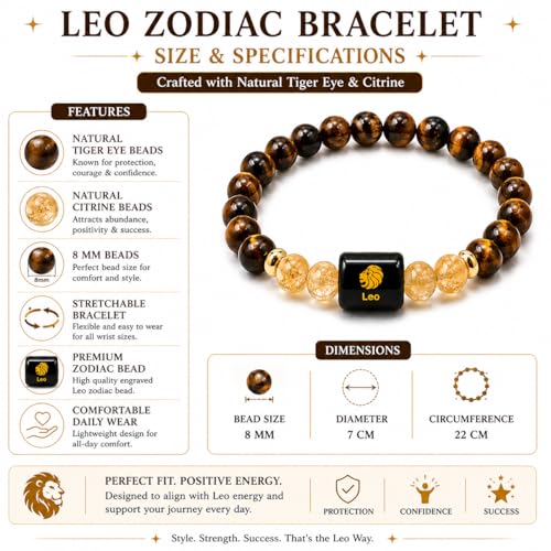 Image of Leo Zodiac Bracelet (सिंह राशि) | Certified Healing Crystal for Confidence, Motivation & Positive Energy | Original Tiger Eye & Citrine | Bracelet for Man & Woman | Gift for Man & Woman
