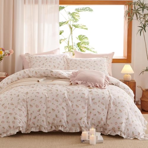 Lanqinglv Rüschen Bettwäsche 200x200 Rosa Blumen,Aesthetic Blätter...