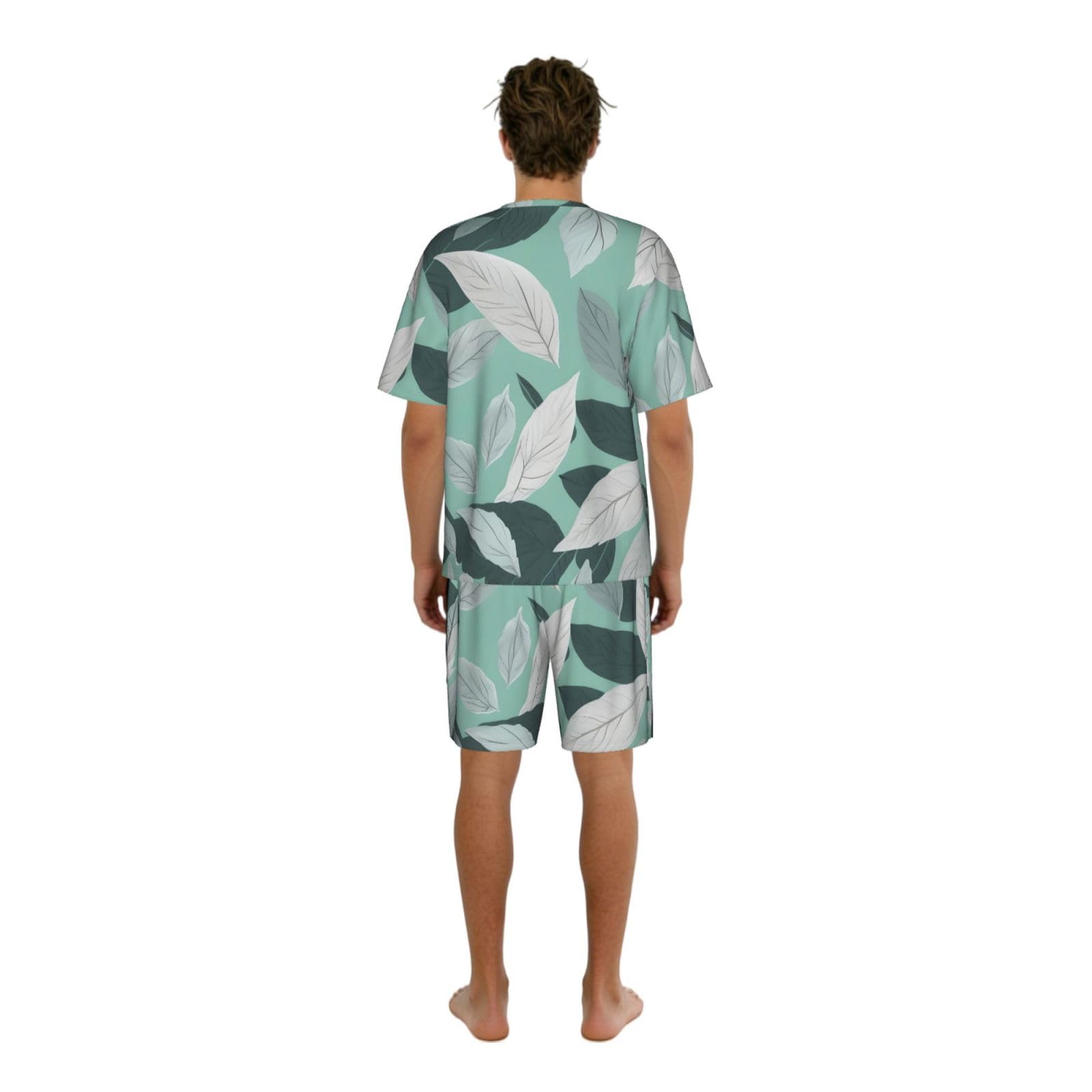 Conjunto de pijama clásico con estampado de hojas grises menta, pantalones cortos de pijama suaves para hombre, perfecto para las noches de verano
