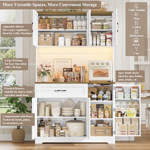 FirFurd Kitchen Cupboard Tall Kitchen Cabinets with LED & Power Outlet Sideboard Storage Cabinet with Spice Rack, Countertop and Drawer Dining Room Furniture180.5x100.2x38.6cm White+Brown - Image 6