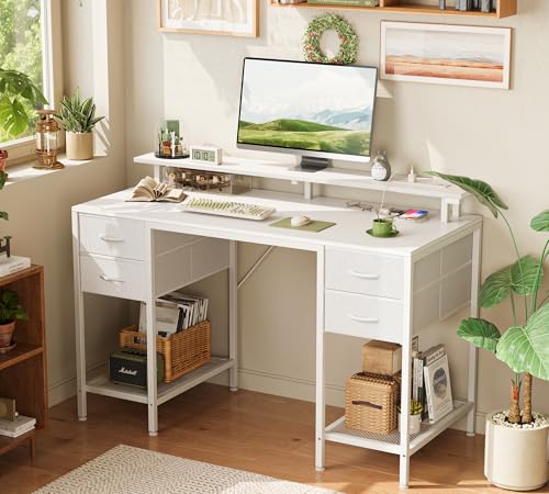 Image of Huuger 47 inch Computer Desk with 4 Drawers, Gaming Desk with LED Lights & Power Outlets, Home Office Desk with Large Storage Space for Bedroom, Work from Home, White