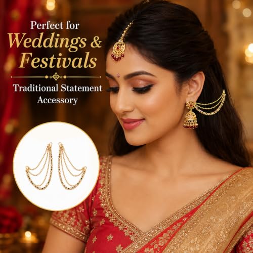 Image of Traditional 3-Layer Ear Chains (Mattal) with Sparkling Round Multi Colors Stones | Champaswaralu Kaan Chain for Heavy Jhumka Support | Artificial Indian Bridal Hair Accessories