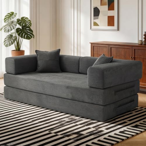 Vipbear Premium 5-in-1 Versatile Sofa with Boneless Armrest & Srings Inside, 79" L Ergonomic Convertable 3 Seater Memory Foam Pull Out Sectional Couches for Living Room,Gray