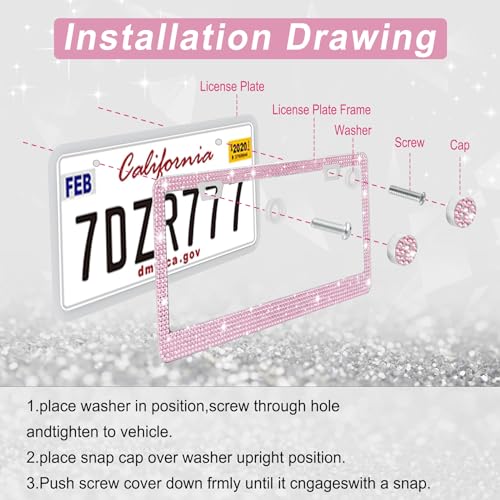 Image of Bling License Plate Frame for Women, 2Pack Rhinestone Handcrafted Crystal Premium Stainless Steel, Stainless Steel Car Accessories with Diamond Sparkle Glitter Caps (Pink) (Pack of 2)
