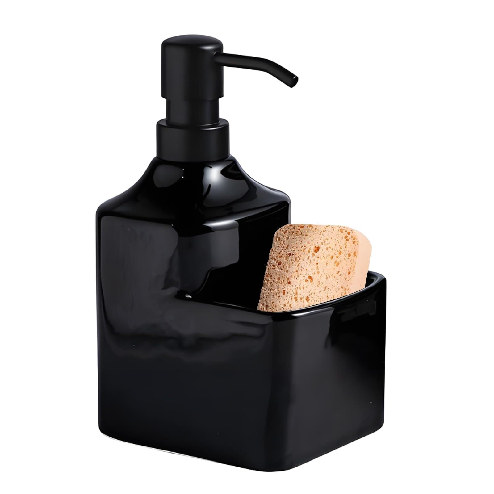 Qyleee One Color Hand Ceramic Countertop Soap Dispensers With Sponge Holder 2-In-1 Liquid Dish For Bathroom(Black With Sponge Holder)