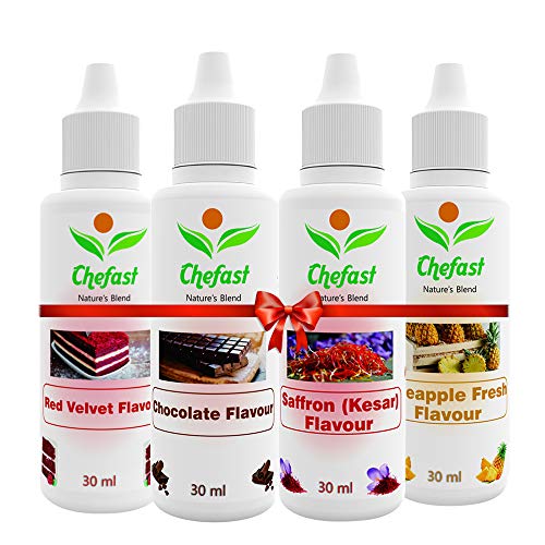Image of Chefast Pack of 4 Baking Essence Flavour of Chocolate, Saffron, Red Velvet, Pineapple Fresh for Cake, Ice-Cream, Milkshakes- 30ML (Use 2-3 Drops for 250 Grm Cake)This is Flavour only, Not a Color