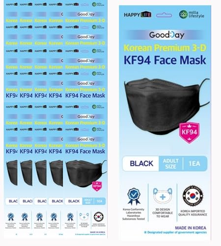 (Pack of 30) Good Day Black Disposable KF-94 Face Mask, 4-Layer Filters, Made in Korea, Nose Mouth Covering Dust Mask (individual Packed) kf-94 mask.