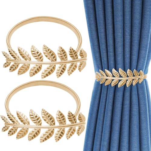 Image of TIED RIBBONS Set of 2 Metal Curtain Tiebacks Spring Design (Golden, 13 Inch) - Curtain Holdback Leaf Carving Design Curtain Ties for Drapes Ties Backs Curtains Modern Style Holdbacks