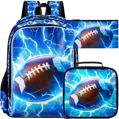 UFNDC 3PCS Kids Rugby Backpack, Boys Lightning Bookbag with Lunch Box, 17' Water Resistant School Bag for Teenagers Elementary Middle