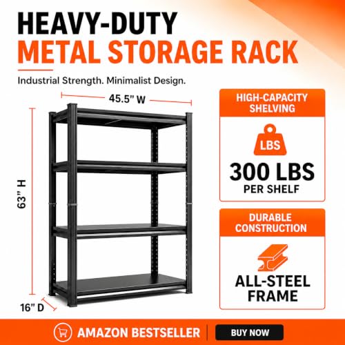 Image of 4-Tier Metal Bookshelf, Modern Black Book Shelf, 1200LBS Industrial Tall Display Bookcase, Adjustable Bolt-Free Storage Shelves for Living Room, Bedroom, Kitchen, 45.5 inch W x16 D x63 H