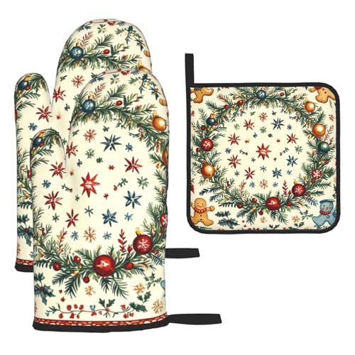 Generic Juego de 3 manoplas de horno y soportes para ollas con estampado navideño de pan de jengibre, resistentes al calor, para cocinar, hornear, asar a la parrilla
