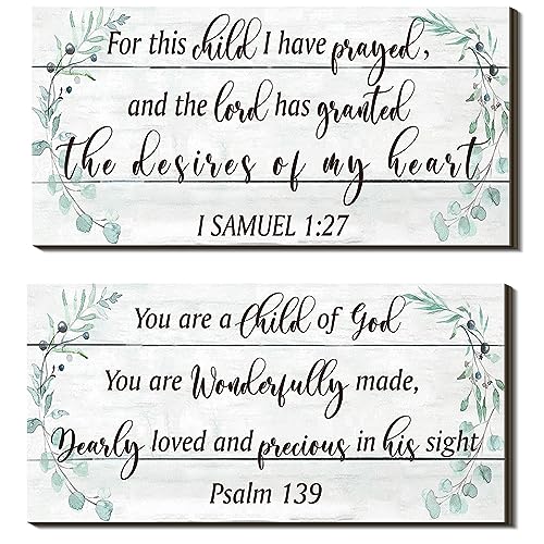 Image of Yookeer 2 Pcs Wood Nursery Wall Decor for Girls Boys Baby Girl Room Decor Nursery Christian Wall Art This Child I Have Prayed Bible Quote Hanging Sign for Kids Home 12 x 6 Inch(Greenery)