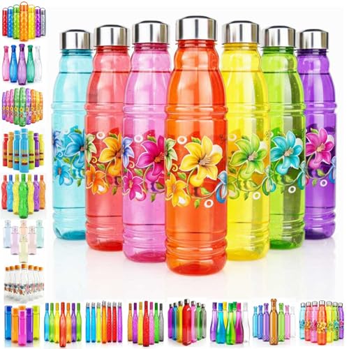 Image of TAVASYA Unbreakable 1 Litre Floral Print Water Bottles | Pack of 6 | Multicolor | Leakproof Screw Cap | BPA-Free | Bottles for Fridge, Gym, Home, Office, School and Travel