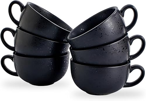 Miniatura 8 de Juego de 6 tazas de diseño vintage de 355 ml tazas de café con leche profesionales de cerámica para barista, tazas de capuchino (negro áspero * 6)