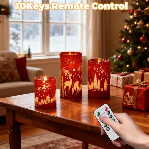Image of Wondise Red Christmas Reindeer LED Flameless Candles with Remote Timer, Electroplate Glass Battery Operated Real Wax Flickering 3D Wick Pillar Candles for Christmas Holiday Home Decoration
