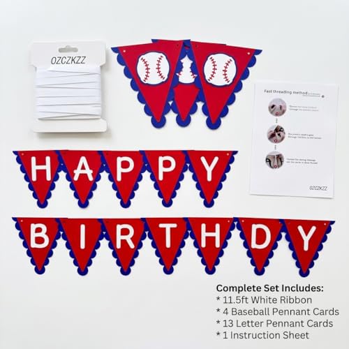 Image of Baseball Happy Birthday Banner Red Blue White Party Decorations,17Pcs Paper Bunting Birthday Supplies for Sports Theme Party,Baby Shower