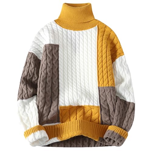 Color Block Sweater Men Turtleneck Cable Knit Sweater Plus Size Pullover Sweater Casual Long Sleeve Sweaters Warm Tops